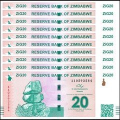 10 X Zimbabwe ZIG20 UNC W/ QR Code Issued 2024 $20 Zig Gold Backed Currency COA