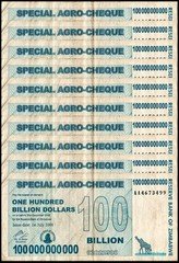 10 Zimbabwe 100 Billion Special Agro Cheque banknote 2008-P-64 USED COA#10 NOTES