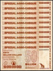 10 Zimbabwe 50 Billion Special Agro Cheque 2008, P-63 USED COA,