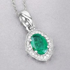 1.00 Ct Emerald Gold Pendant, 14K White Gold Real Emerald Oval and White Diamond