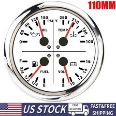 110MM White 4 IN 1 Multifunction Gauge Fuel Level Oil Pressure Water Temp Volt