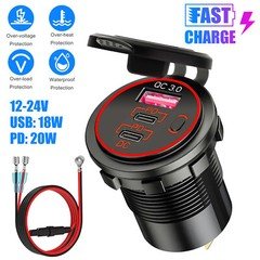 12-24V USB C 3 Port Fast Car Charger PD & QC3.0 Outlet Socket for Boat RV Marine