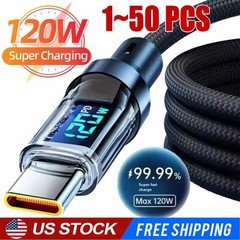 120w Super Fast USB Type-C Charging Braid Phone Charger Lead with Display LOT