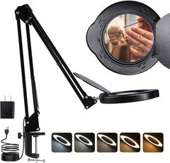 15X Magnifying Glass Desk Lamp with Clamp, Real Glass Lens with Dust Cover, 84 L