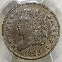 1828 Classic Head Half Cent, 13 Stars, PCGS/CAC AU-55, Nice Coin