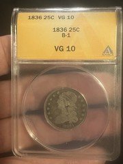 1836 B-1  bust quarter, Obverse Die Break.  ANACS VG-10