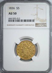 1836 Classic Head Gold Half Eagle $5 NGC AU50