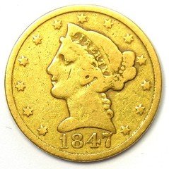 1847-C Liberty Gold Half Eagle $5 - Fine / VF Detail - Rare Charlotte Gold Coin!