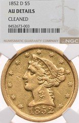 1852-D $5 NGC AU Liberty Gold Half Eagle Dahlonega Branch Mint Coin