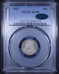 1852 Seated Liberty Dime - 10c PCGS AU58 CAC ✅ - Tough Coin!