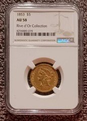 1853 Liberty $5 gold Half Eagle, NGC AU58; near-UNC with Rive d'Or provenance