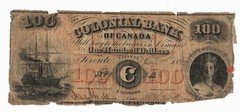 1859 Colonial Bank of Canada 100$ Remainder - VG - Damage 130-10-02-18R