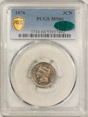 1876 THREE CENT NICKEL - PCGS MS-66, CAC APPROVED! STUNNING, SCARCE & PQ!