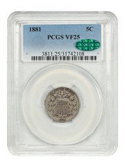 1881 5C PCGS/CAC VF25 - Shield Nickel - Scarce, Low Mintage Issue