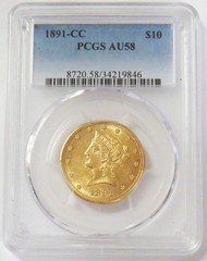 1891 CC CARSON CITY GOLD $10 LIBERTY HEAD HALF EAGLE COIN PCGS ABOUT UNC 58