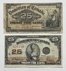 1900 & Nice 1923 Dominion of Canada 25 Cents Paper Currency 2 Note Lot 5730