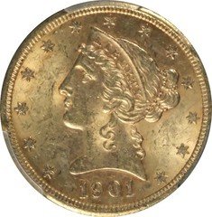 1901 S MS62+ Liberty Half Eagle PCGS 46716334