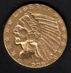 1909 D Indian Head Half Eagle Gold $5 Coin, Mint State w/Great Detail