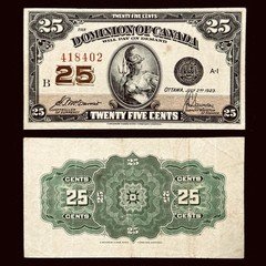 1923 Dominion Canada 25 Cents Shinplaster Banknote McCavour/Saunders No Pinholes