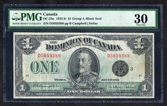 1923 Dominion of Canada 1 dollar, prefix D, group 3. PMG VF 30, DC-25n