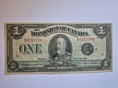 1923 Dominion of Canada $1 One Dollar Note King George V Black Seal 
