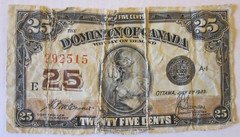 1923 DOMINION OF CANADA TWENTY FIVE 25 CENT SHINPLASTER BANK NOTE MCCAVOUR