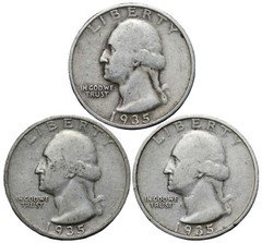 1935 & 1935-D & 1935-S Washington SILVER Quarter 3 Coin Set! Nice Early Dates! 