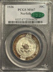 1936 NORFOLK COMMEMORATIVE HALF DOLLAR PCGS MS67 CAC TAB TONING