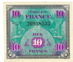 1944 FRANCE MPC Note 10 Frankcs - ALLIED MILITARY PAYMENT - WWII