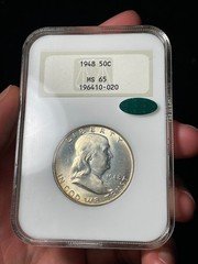 1948 NGC MS65 CAC Franklin Half Dollar Old Fatty Holder Light Rainbow Toned