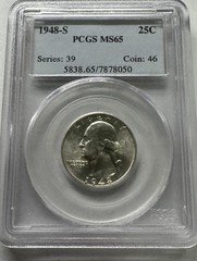 1948-S Washington Silver Quarter PCGS MS65    Free US Shipping