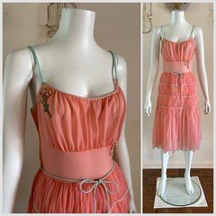 1950s/60s Ro Jene Lingerie Pink Sheer Nylon Negligee Boudoir Ruched Cupcake VTG
