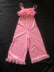 1960’s Bright Pink Ruffle Chiffon Jumpsuit Palazzos Romper Nightie, XS/S