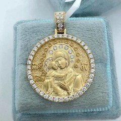 1Ct Round Moissanite Virgin Mary & Baby Jesus Pendant 14K Yellow Gold Plated