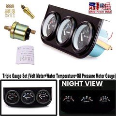 2" 52mm Car Oil Pressure Voltage Triple Gauge Kit Set Black Panel Mechanical