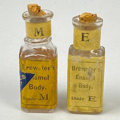 2 Antique Bottles Brewster's Dental Enamel Shade M & E w/ Labels & Cork Stoppers