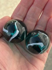 2 BOULDERS 35mm AEGEAN Marbles 1-3/8" Glass Ball Teal Blue/White Giant LARGE