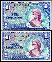 2 Consecutive MPC Series 661 Military Payment Certificate $1 Dollar Note UNC+