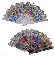 2 GLITTER RAINBOW HAND HELD 9 INCH WOMEN FAN with FLOWERS #gi523 accessories new