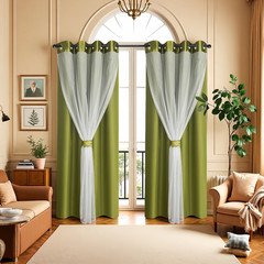 2 Panels Double Layered Curtains with White Sheer Tulle, Grommet Drapes