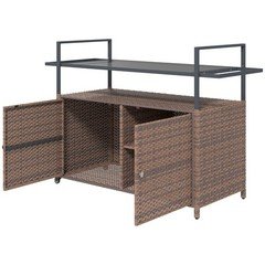 2-Tier Shelf PE Rattan Outdoor Bar Table, Glass Top Outdoor Serving Cart With Ca