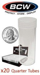 20 BCW Round Quarter Coin Tubes 24mm Clear Plastic Screw On Cap New Lot Free S&h