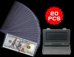 20 Pack Dollar Bill Holder -Clear Rigid Topload Currency Sleeves + Storage Case