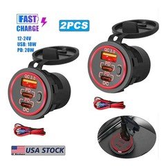 2PCS Car Charger Socket 12V/24V Multiple USB Outlet PD USB-C QC3.0 Ports +Switch