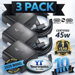3 PACK 45w USB-C Fast Wall Charger+10ft Cable For Samsung Galaxy S25 S24 S23 S22