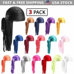 3 Pack Silky Satin Durag Unisex Wave Cap Hat Doo Rag Biker Smooth Head Wrap