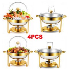 4 Pack 9Qt Round Chafing Dish Buffet Set 316 Stainless Steel Gold W/Glass Lids