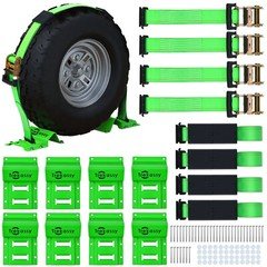 4 Pack Wheel Chock Tie Down Kit Trailer Tire Ratchet Straps for ATV Lawn Mower