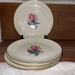 4 Vintage Homer Laughlin Rhythm Pink Rose Dinner Plates 10”. Gold Trim