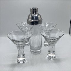 5-Piece Clear Glass Cocktail Set: Shaker + 4 Martini Glasses, 9 in retro design 